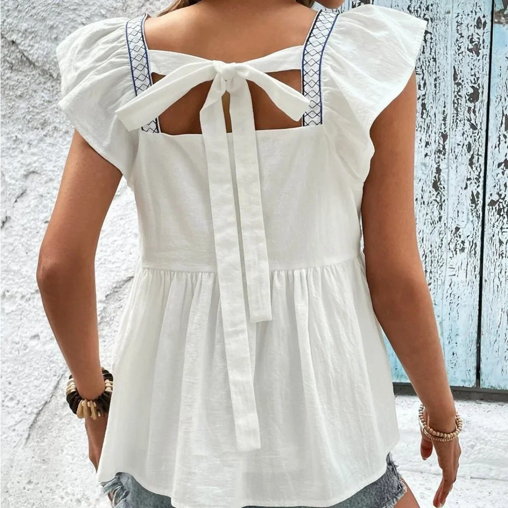 White Boho Womens Floral Embroidery Ruffle Trim Peplum Blouse - Picture 2 of 4